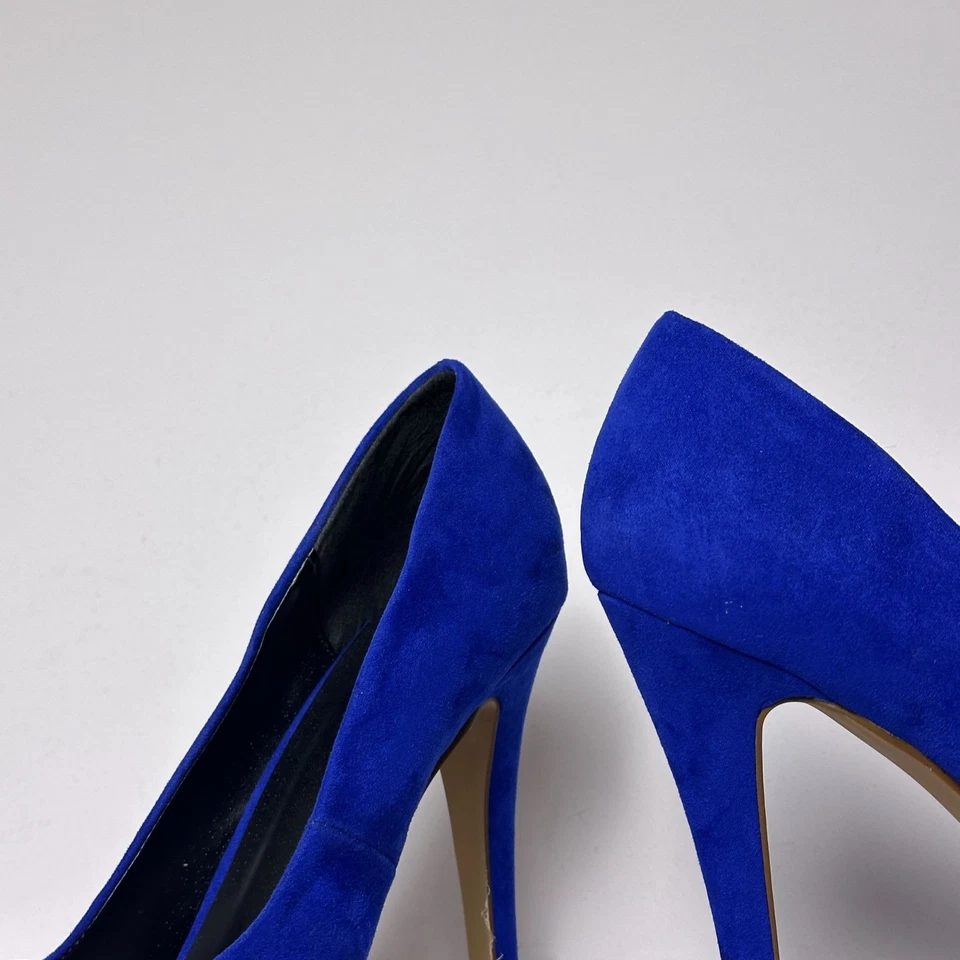 Qupid Mujeres 10 Tacones Azul Real Cobalto Punta abierta Plataformas Imitación Gamuza Elegante Foto 3 de 4