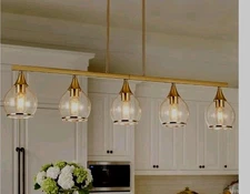 LNC 41.5 in. 5-Light Plated Brass Linear Island Light with Geometric Gray Glass