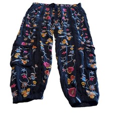 JOHNNY WAS XL Black Cargo Harem Drawstring Colorful Embroidered Pants $270 MSRP