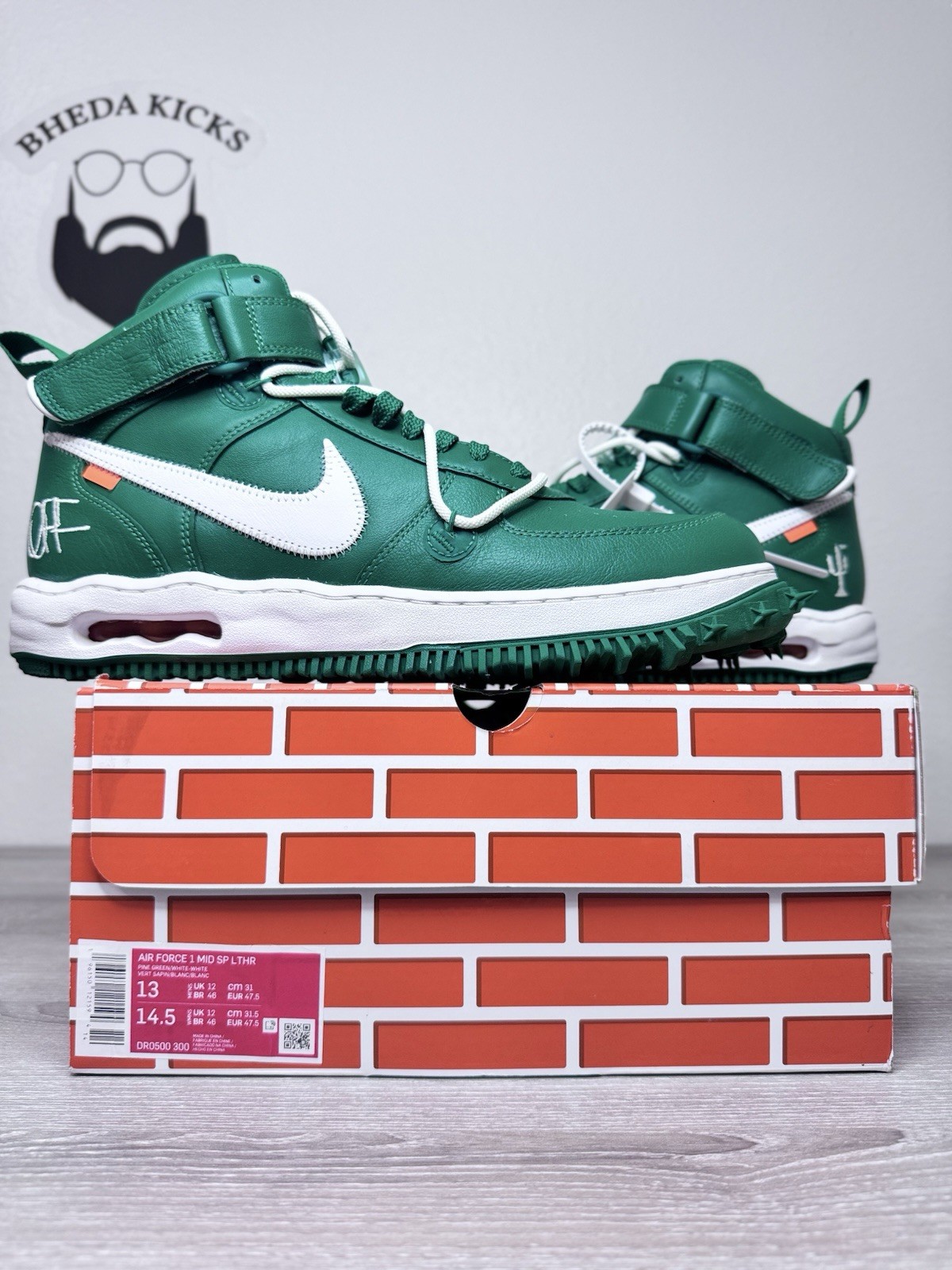 Size 13 Nike Air Force Mid Off-White Pine Green Shoes DR0500