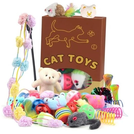 QUOZUO 30 Pcs Cat Toy Kitten Toys Set, Interactive Cat Toy Wand Cat Springs