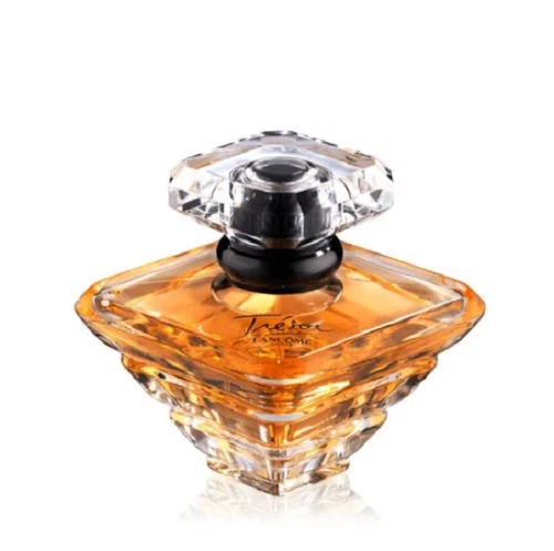 Clear glass Tresor by Lancome L'Eau De Parfum Spray bottle with black diamond-shaped design and gold lettering on front.