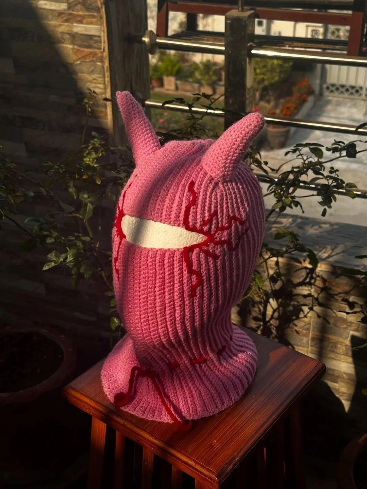 Pink Demon Horn Balaclava Kawaii Goth Crochet Ski Mask
