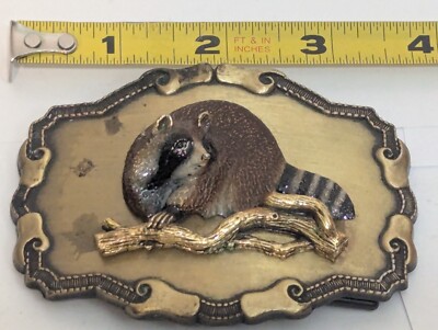 Pre-owned Raintree Buckle Jewelry Inc Belt 1978 Raccoon Hunter Bandit Vtg Belt3D