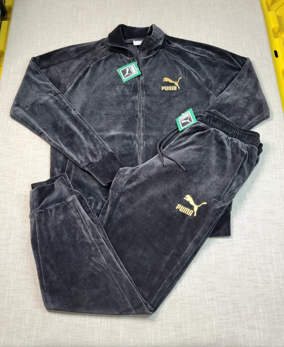 PUMA T7 Tracksuit Jacket Pants Set 2XL Mens Black Gold Velour Full Zip Tapered