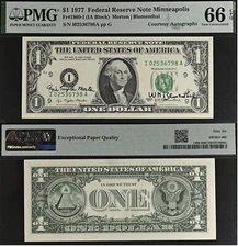 1977 $1 Federal Reserve Note - PMG 66EPQ - Dual Autograph - Morton / Blumenthal