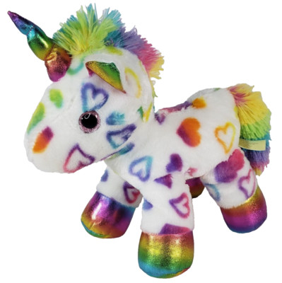 MTY International White Unicorn Plush Pink Glitter Eyes Hearts Soft Stuffed Toy