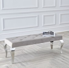 NICHES 130cm Louis Chrome Dining Bench Velvet Buttoned Grey Cream & Black