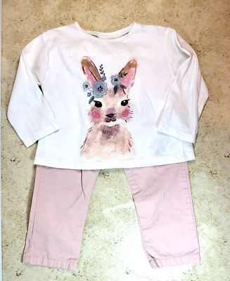 Zara Baby Collection Bunny Long Sleeve TShirt Dusty Pink Pleated Pant Set 12-18M