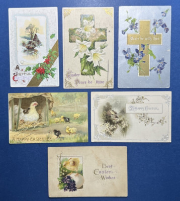 6 Easter Antique Postcards. EMB. Gold/Silver. Chicks, Scenes, Cross. PUBL:Winsch