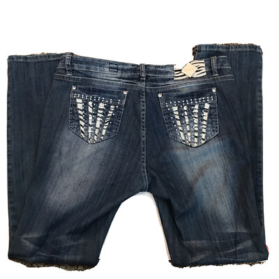 Clash Jeans Distressed Zebra Trim Rhinestone Embellished Jeans Women Plus 15