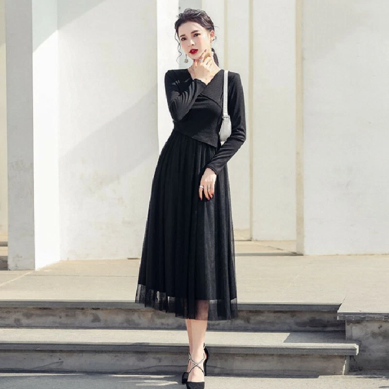 Black mid length cheap dress with sleeves