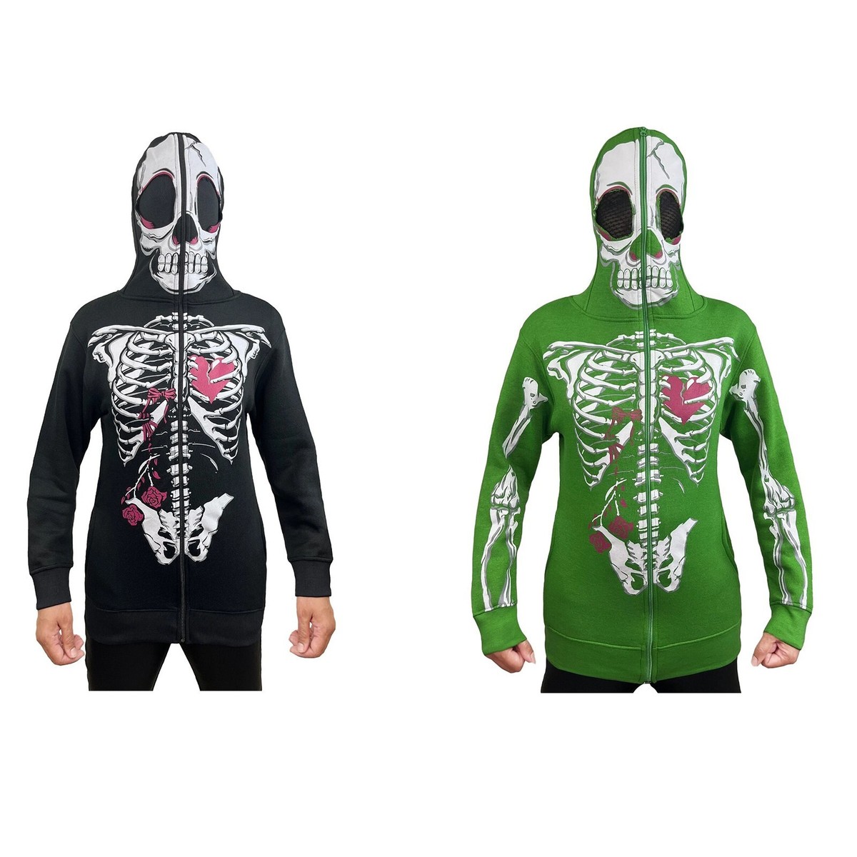 トップス starteam SKULL FULL ZIP GREEN Women's Skeleton Zip Up Hoodie Full Face Mask Halloween Costume