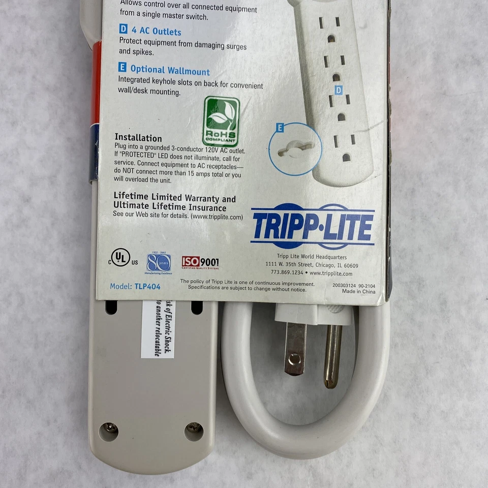 TrippLite TLP404 4 Outlet 390J Surge Protector 4ft Power Strip - Image 4 of 4