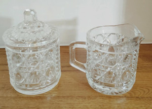 Vtg Federal Glass Windsor Button & Cane Creamer Sugar w Lid