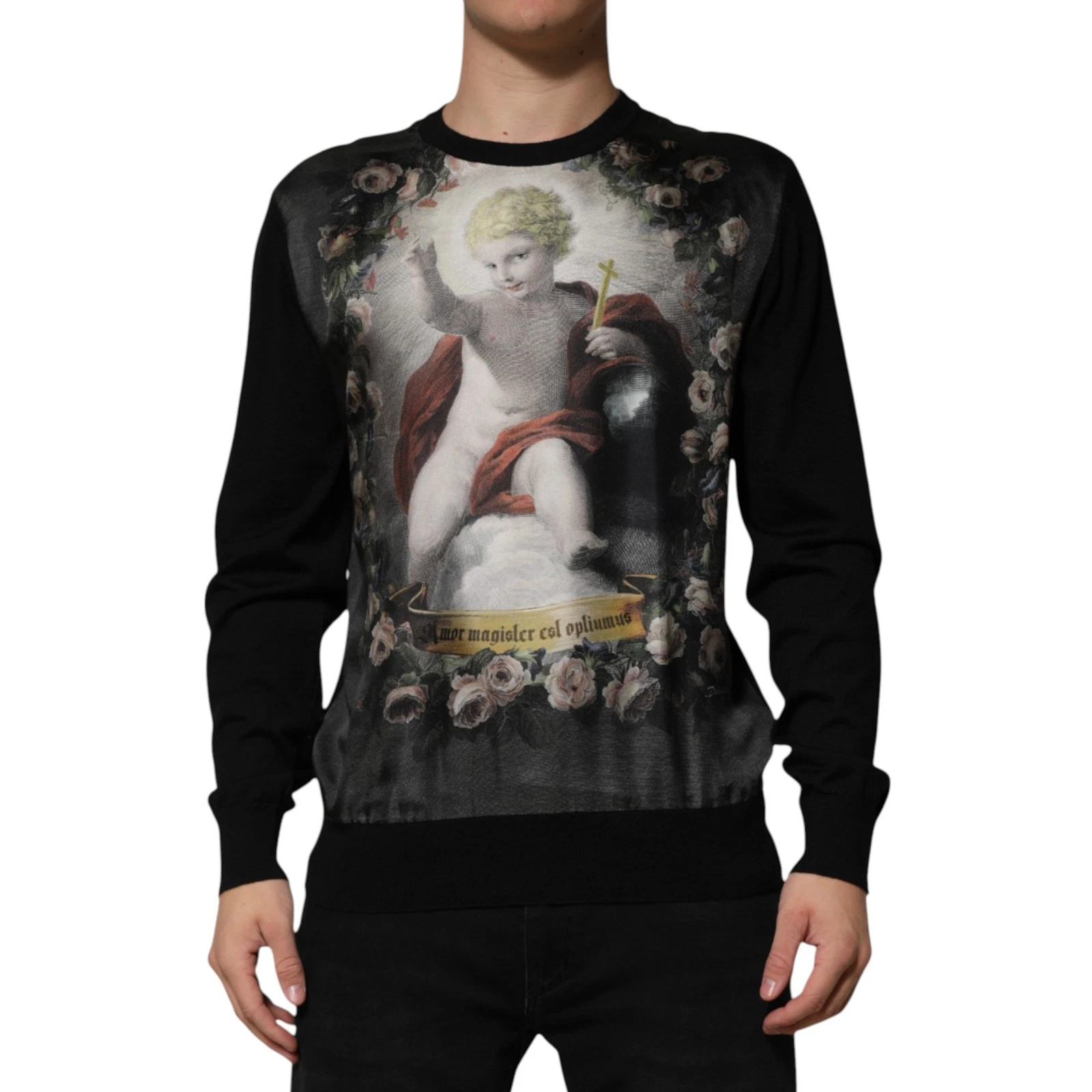DOLCE & GABBANA Sweater Black Cashmere Cherub Print Baroque IT54/US44/XL $1470