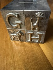 Vintage Silver Plated Coin Bank ABC Baby Blocks Nursery Decor Alphabet Animals