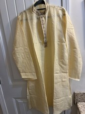 Men's Yellow Embroidered Kurta - Size 38 Traditional Indian Pakistani Ethnic