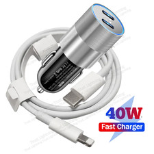40W Car Fast Charger For iPhone 14 13 12 11 8 Dual Type C Adapter PD USB C Cable