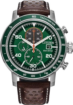 CITIZEN ECO DRIVE BRYCEN CHRONOGRAPH GREEN DIAL BROWN LEATHER WATCH CA0851-05