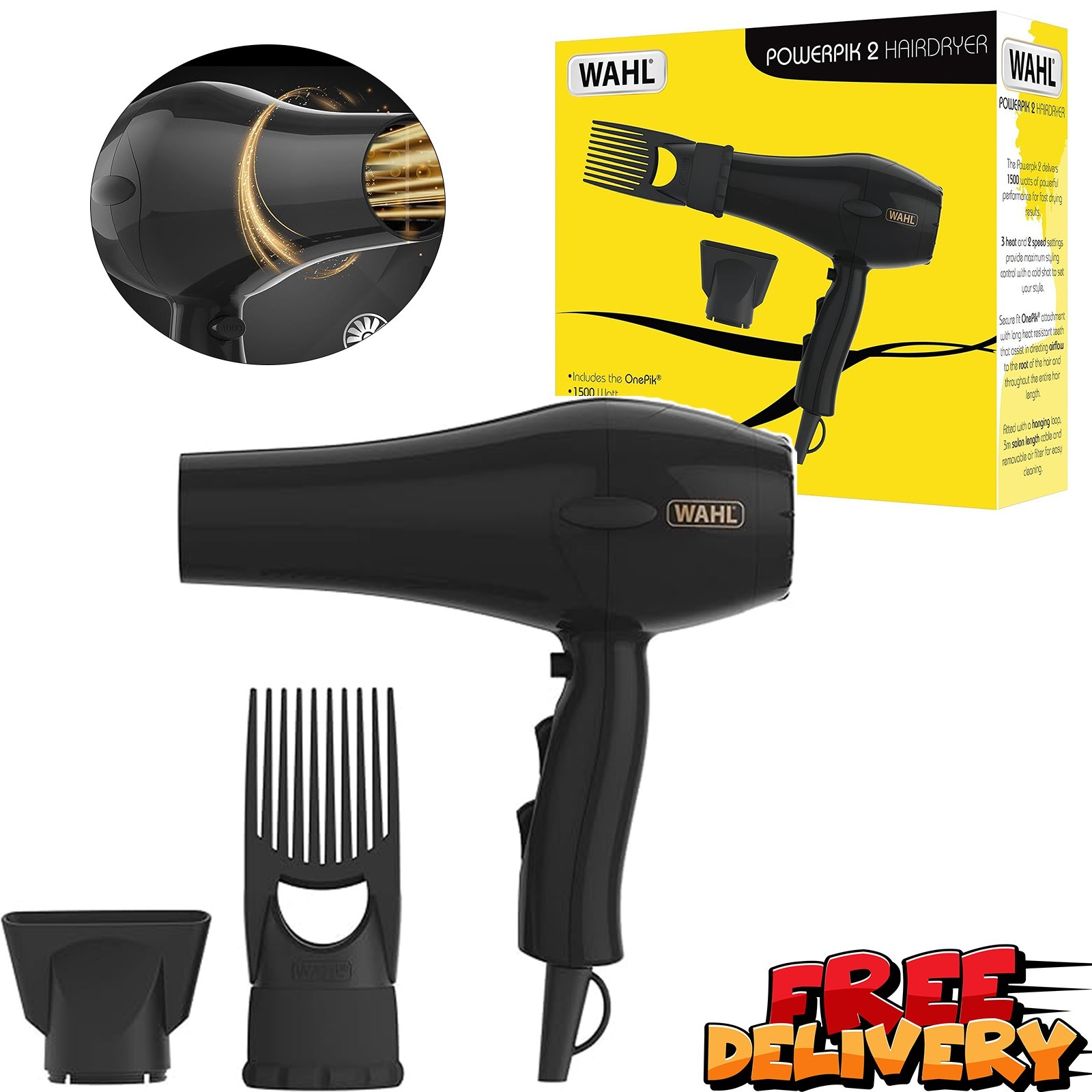 Wahl PowerPik 2 Hair Dryer Afro Caribbean Curly Pik 3 Heat 2 Speed 1500W Black