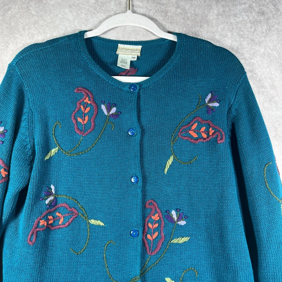 Coldwater Creek Cardigan Sweater Women PM Blue Knit Floral Embroidered Boho Fall - Image 2 of 4