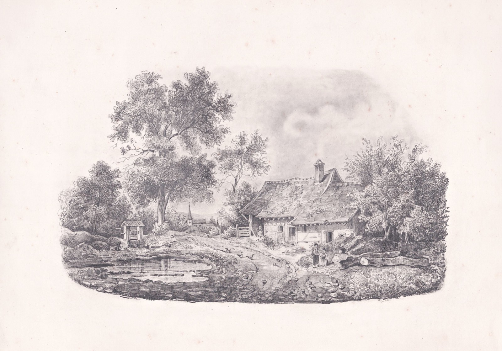 Simple Backyard Drawing Bauernhof Farm Yard Austria Suisse Kuntzelmann Drawing 1844 | eBay ...