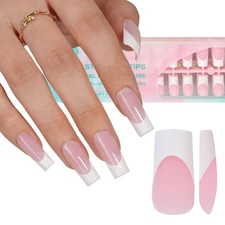 French Gel Nail Tips, 240Pcs French Tip Press on Nails Long Square Pink, No Need