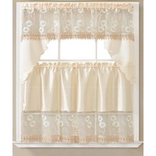 RAQUEL BEIGE EMBELLISHED LACE KITCHEN 36 INCH TIER CURTAINS AND SWAG SET