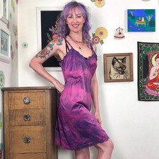 Vintage Purple Tie Dye Lingerie, 1970s Hand Dyed Grunge Style Full Slip Dress, L