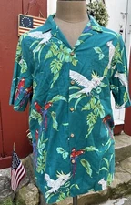 VTG Men's L Paradise Found Magnum P.I. Green Parrot Cotton Hawaiian Shirt