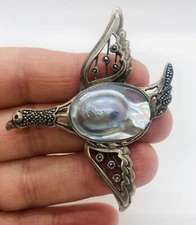 Large Sterling Silver Marcasites & BLISTER PEARL DUCK Brooch Vintage Jewelry