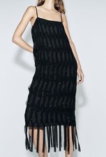 £109 ZARA WOMEN SEQUIN BEAD FRINGE TASSEL MIDI SLIP DRESS GOWN BLACK NEW XS - S