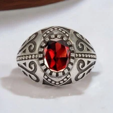 Garnet Oval Cut Gemstone With 925 Sterling Silver Ring For Men's #977 *