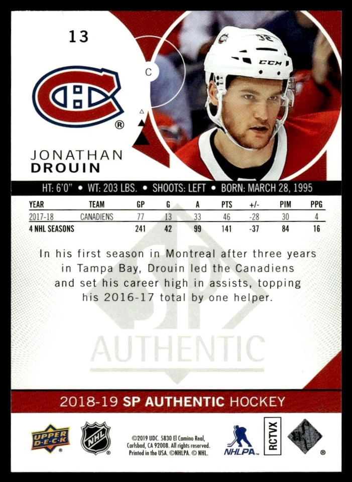 2018-19 SP Authentic Limited Red Jonathan Drouin Montreal Canadiens #13 . - Image 2 of 2