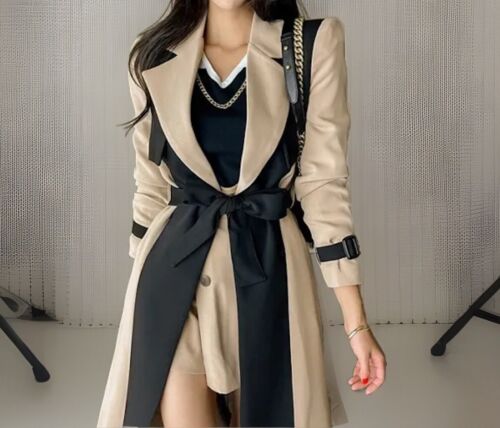 Ladies Cream Black Luxury Smart Street Trench Long Winter Jacket Coat 8 10 - Picture 9 of 17