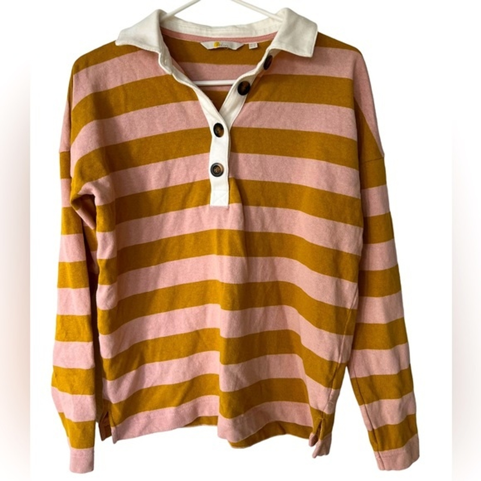 Boden Striped Rugby Shirt Pink Mustard Yellow Long Sl… Gem