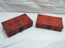 Pr Leather Vintage Oriental Dresser Trinket Boxes 