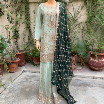 Pakistani Light Green Straight Style Embroidered Sequins Chiffon Gharara  Dress | eBay