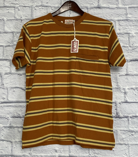 NUEVO CON ETIQUETAS Camiseta Levis Vintage Clothing LVC 1940’S Dobladillo Dividido Rayas Marrón Talla Mediana