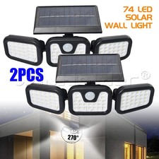 2X Solar Powered 3 Head 74 LED Security Light Motion Sensor Waterproof Wall Lamp
