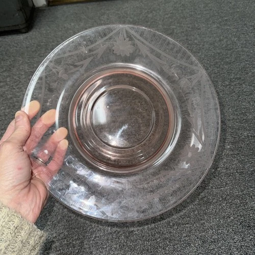 Depression Glass Pink Console Bowl with Rolled Edge Vintage Etched Floral