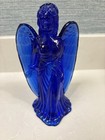 Vintage Cobalt Blue Glass Angel Figure Candlestick Holder Art Deco Style 7”