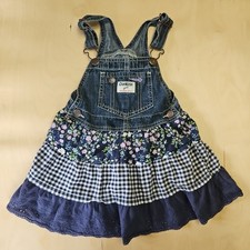 Vintage Oshkosh Denim Jumper Dress Ruffle Plaid Floral Girls Size 4 Vestback Bib