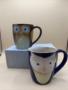 Gibson Elite Couture Owl City Mug~Hand Painted Embossed Stoneware~Set of 2
