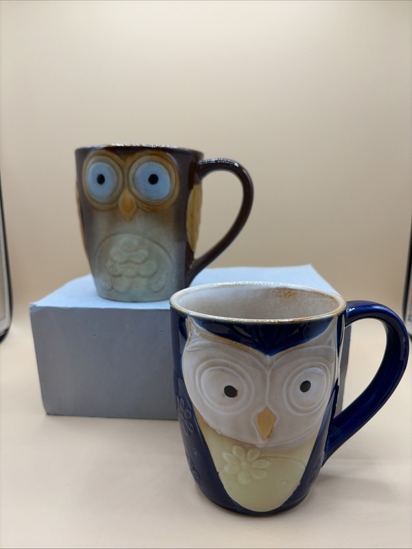 Gibson Elite Couture Owl City Mug~Hand Painted Embossed Stoneware~Set of 2