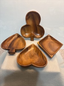 4 Vintage Wood Grain Bowls Casino Card Suits Home Decor VGUC Retro Party Snacks