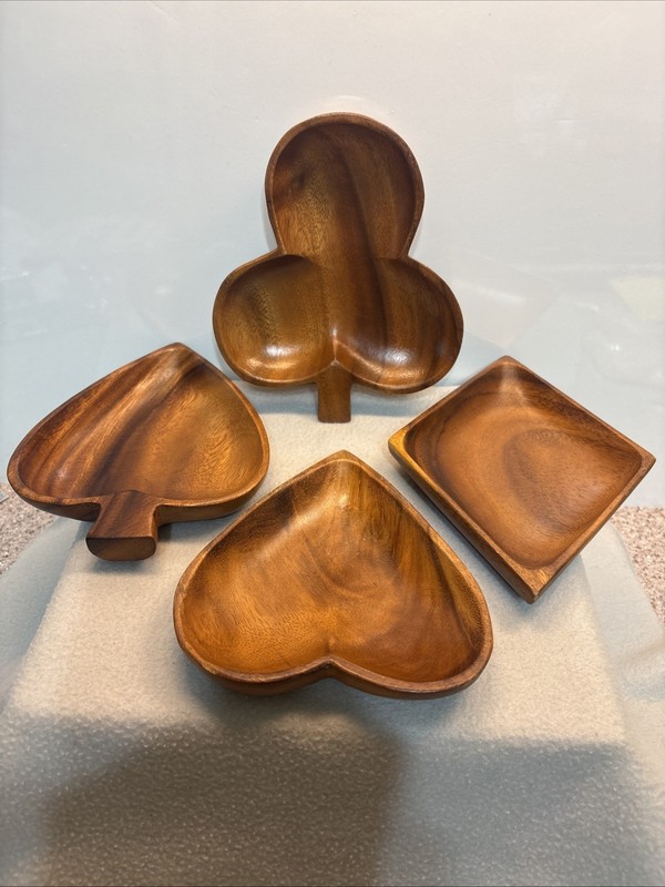 4 Vintage Wood Grain Bowls Casino Card Suits Home Decor VGUC Retro Party Snacks