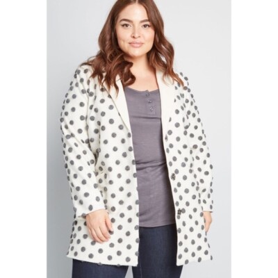 ModCloth Womens size 3X Salient Polka Dot Wool Blend Coat Grey and White button