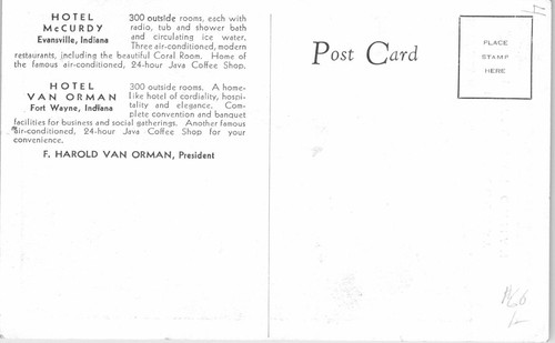 IN Postcard Hotel McCurdy Evansville Hotel Van Orman Fort Wayne Indiana Unposted - Picture 2 of 2